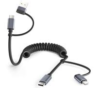 Basesailor 4 en 1 Cable en Espiral USB C 1.4M,60W Múltiples USB Carplay Cable de Carga Rápida Tipo C con USB A/Lightning Adaptador para iPhone 17 Air,Apple 16 15 Pro,Samsung Galaxy S24 S25 Plus Ultra
