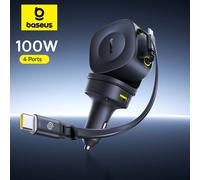 Baseus 100W Cargador de coche PD QC Carga rápida Cable retráctil dual tipo C 4 puertos 450 ° Rotación Para Portátil Tablet iPhone Samsung