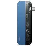 Baseus Adaptador de concentrador dual transparente para PC/teléfono, color azul, 60 W, número de puertos: 5, conexión: USB Type C x 2 y USB 3.0 X 2 y 4K HD, tamaño de viaje