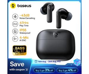 Baseus Bass EP10/BP1 NC -43dB Auriculares Inalámbricos con Cancelación de Ruido ANC, Bluetooth 6.0, Auriculares Intrauditivos Inalámbricos con 4 Micrófonos Black
