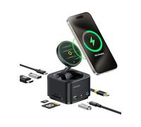 Baseus Cargador inalámbrico Magsafe 15W 7 en 1, Estación de Acoplamiento magnética Hub USB C 4K@60Hz HDMI, 100 W PD, 10 Gbps USB, Lector de Tarjetas SD Compatible con iPhone 16/15 / Mac/DELL/HP