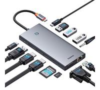 Baseus Docking Station con 3 Monitores, 13-en-1 Hub USB C con 2 HDMI 4K@60Hz, DisplayPort 4K@120Hz, VGA, Port Datos 3.1 10Gbps, PD 100W y Ethernet para DELL/HP/Lenovo/Surface Laptop