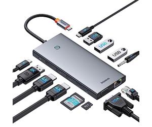 Baseus Docking Station USB C para 3 Monitores, 13-en-1 Hub USB C con 2 HDMI 4K@60Hz, DisplayPort 4K@120Hz, VGA, Port Datos de USB 3.1 10Gbps, PD 100W y Ethernet para Dell/HP/Lenovo/Surface Laptop
