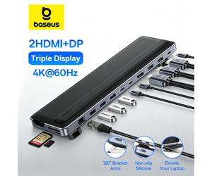 Baseus EH3 12 en 1 USB C Hub HDMI DP 4K 60Hz Triple pantalla 3,2 para MacBook Laptop PD 100W tipo C HUB con soporte estación de acoplamiento 12-in-1 2HDMI 1DP