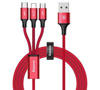 Baseus Multi cable 3 en 1, 1.2m/1.4FT, carga simultánea y rápida 5.V 3.5A, Micro USB / USB Tipo C / Cable compatible con iPhone, Android, Samsung Galaxy, Kindle, Sony, Nexus, Huawei, Xiaomi (Rojo)