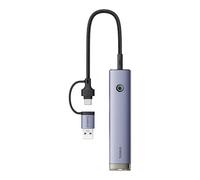 Baseus UltraJoy - Concentrador 4 en 1, USB-A/USB-C a 3X USB 3.0 + RJ45 + USB-C PD, Color Gris