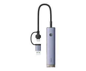Baseus UltraJoy - Concentrador 4 en 1, USB-A/USB-C a 3X USB 3.0 + RJ45 + USB-C PD, Color Gris
