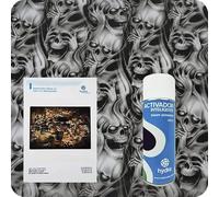 BASIC Kit Hidroimpresion Incluye: 1 Activador hidroimpresión 400 ml + 1 Manual de instrucciones + 1 Lámina hidroimpresión llamas y calaveras Medidas: Ancho: 100cm. Largo: 100cm (HLC-099)