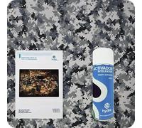 BASIC Kit Hidroimpresion Incluye: 1 Activador hidroimpresión 400 ml + 1 Manual de instrucciones + 1 Lámina hidroimpresión camuflaje digital Medidas: Ancho: 50cm. Largo: 100cm (HCA-166)