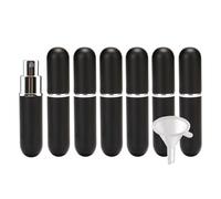BasicPacking 7 Pieza 5 ml Mini Atomizador de Perfume Recargable, 5ml Negro Vidrio y Aluminio Dispensador Portatil de Perfume Bote de Spray Viaje Pulverizador + 2 x Embudo