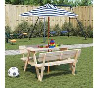 Basinlix Mesa de picnic para 4 niños de madera maciza de abeto con sombrilla azul y blanca de 120 cm de diámetro, mesa de jardín estable para terraza, balcón, jardín y exterior para comer y jugar