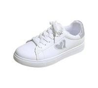 Basket Running Femme Cuir Suela Plate Baskets Blanches Femme Motif Coeur Glitter Brillante Sneakers Chaussures de Sport Bout Redondo à Cordones Corte Bajo Estilo Casual Ciudad Diario Caminar, Plata 01
