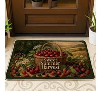 Basket - Tapete de bienvenida para puerta de verano, rústico, cerezas, frambuesas, verano, verde, lavable, de perfil bajo, para decoración de entrada, porche, baño, oficina, 29 x 17 pulgadas
