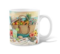 Basket - Taza de café de cerámica, diseño de frutas tropicales vibrantes tropicales, cóctel, verano, verde, novedosa, taza de té con asa, ideal para amigos, familiares, compañeros de trabajo, amantes