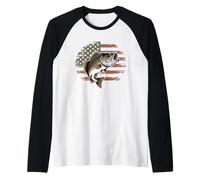 Bass Fish Fishing Camo USA Bandera Americana Largemouth Camiseta Manga Raglan