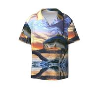 Bass Fishing Wave - Camisa casual de manga corta para hombre, estilo hawaiano, transpirable y cómoda, con botones, Negro, S