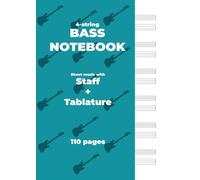 BASS NOTEBOOK. Sheet music with Staff + Tablature: Blue cover, white paper, A4 size, ideal for bassists. 6 staff + tablatures per page.