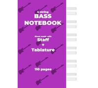 BASS NOTEBOOK. Sheet music with Staff + Tablature: Purple cover, white paper, A4 size, ideal for bassists. 6 staff + tablatures per page.