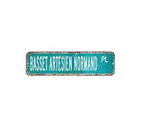 Basset Artesien Normand Street Sign Hunting Fishing Animal Letrero de metal de 3 x 12 pulgadas, resistente a la decoloración, placa de metal elegante para Mancave She Shed, restaurante, garaje