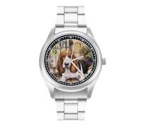 Basset Hound at The Gate - Reloj de pulsera de cuarzo de acero inoxidable con números arábigos para hombres y mujeres, Estilo:, regular, MHXYZHW