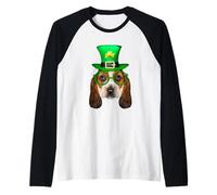 Basset Hound Dog St Patricks Day Leprechaun Lucky Shamrock Camiseta Manga Raglan