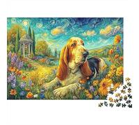 Basset Hound Garden 1000 Piece Jigsaw Puzzles for Adults & Kids Beagle Resting in Floral Scene Sustainable | Family Activity 52x38cm/1000pcs
