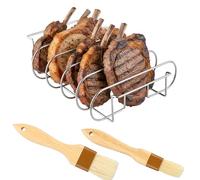 Bastidores de costillas para barbacoa, BBQ Rib Rack con 2 pinceles, Asador de Costillas en Acero Inoxidable, Spare-Rib Asador de costillas de Estante para fumar, ahumador de gas o parrilla de carbón