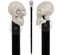 Bastón con diseño de cabeza de calavera vintage, bastón de madera dura con mango de calavera plateado de latón macizo
