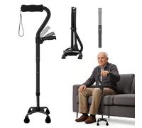 Bastón Plegable con Base de 4 Púas y Doble Empuñadura - Ayuda para Caminar Regulable y Ligera para Mujer/Hombre - Bastón Quad Estable para Personas Mayores y Adultos - Empuñadura Suave Ergonomica