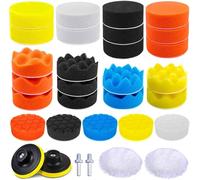 BASVII 31 Piezas Kit de Esponja Pulidora Coche, 25 Esponja Pulir Coche 80mm, 2 Almohadillas de Pulido Lana, 2 Adaptadores de Taladro M10, para Pulido, Esmerilado y Encerado con Pulidora de Coche