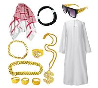 Bata blanca Sheik | Kit de bata de jeque árabe con pañuelo para la cabeza | Accesorios de vestir ligeros para carnaval, fiestas de Halloween y fiestas temáticas