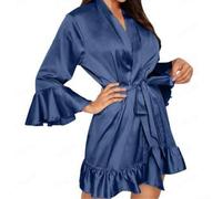Bata de baño de poliéster con color sólido y diseño de encaje en V profundo para mujer, adecuado para el hogar, club, vacaciones y vacaciones (XL azul marino)