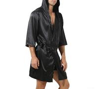 Bata de baño de satén de ajuste holgado con capucha, vestido kimono de seda de imitación delgada para ropa de dormir, camisón casual con detalle de cordones, bata de talla grande (XL negro)