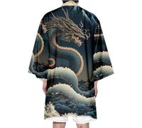 Bata de Baño Para Hombre, Bata de Baño Tipo Kimono Ligera, Ropa de Dormir Japonesa con Estampado de Dragón de Talla Grande,Blue-6XL