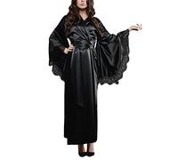 Bata de encaje para mujer, lencería gótica, tallas grandes, batas de baño, kimono de color liso, bata de encaje floral, ropa de noche, vintage, pijama, fiesta, baderobe ligero, Negro , XL