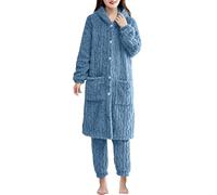 Bata de franela para mujer, albornoz de forro polar, con capucha y bolsillos de tamaños, albornoz cómodo de dos piezas, ropa de casa, informal, holgada, con botones, traje de casa suave, azul, XXL