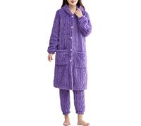 Bata de franela para mujer, albornoz de forro polar, con capucha y bolsillos de tamaños, albornoz cómodo de dos piezas, ropa de casa, informal, holgada, con botones, traje de casa suave, morado, 3XL