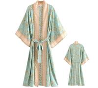 Bata de kimono para mujer, túnica de satén larga con cuello en V floral con banda y manga suelta, túnicas livianas suaves para la piel para bata de baño, ducha de novia, túnica de satén larga de San