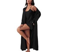 Bata de mujer con camisón, conjunto de ropa de dormir sexy de satén de dos piezas, albornoz de seda y negligees cortos con tirantes delgados de 2 piezas ropa de salón ligera cómoda, Negro , L