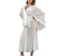 Bata de mujer tul, kimono satinado con cinturón, manga larga, ligero, elegante, cuello V para descanso