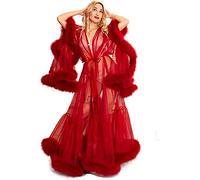 Bata de Plumas Sexy Transparente para Mujer, Lencería Sexy Ropa de Dormir de Plumas Extra Larga, Pijama de Tul de Manga Larga con Decoración de Volantes,Rojo,M