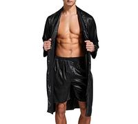 Bata de satén para hombre, ligera, de seda, manga larga, con pantalones cortos, conjunto de kimono para spa, ropa de dormir, Negro -, Large