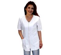 Bata de trabajo para mujer con cremallera, estilo sencillo, manga corta, cuello en V, para esteticista, peluquería, maestra de guardería, alimentos, Color blanco., S