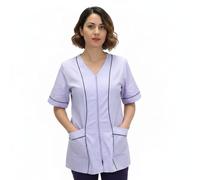Bata de Trabajo para Mujer con Cremallera, Estilo Simple, Mangas Cortas, Escote en V, para Esteticista, Peluquera, Maestra de Jardín de Infantes, Alimentación, Lila., L