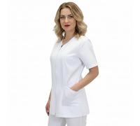 Bata de Trabajo para Mujer con Cremallera, Estilo Simple, Mangas Cortas, Escote en V, para Esteticista, Peluquera, Maestra de Jardín de Infantes, Alimentación, Color blanco., S