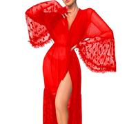 Bata de tul mujer con estampado de corazones, kimono transparente, manga larga, escote en V, ligera y plumas