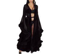Bata de tul sexy para mujer, lencería larga, con plumas, lencería de encaje, negro/blanco, Altoa única