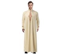 Bata larga de caftán marroquí para hombre, ropa tradicional árabe musulmana con bordado, Abaya Kandora Thobe, ajuste holgado, vestido de oración Eid Ramadán, traje de Oriente Medio, amarillo, M
