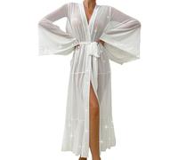 Bata larga de tul mujer, kimono transparente con lentejuelas, ligera, suave, cinturón, ropa de noche elegante