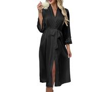 Bata larga mujer satén bordado tul kimono ligera, camisón suave, malla lunares, cinturón, elegante casa